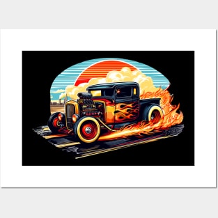 Retro Rat Rod Truck Sunset Flames Classic Hot Rod Pickup Posters and Art